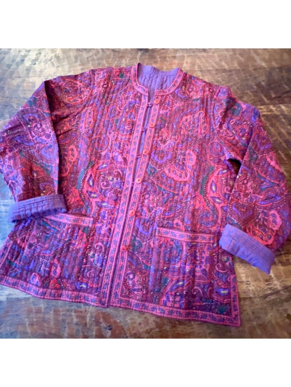 Reversible Purple & Pink Quilted Jacket With Paisley Print Button Front Mandarin